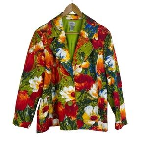 Chico’s Blazer Jacket Vibrant Floral Colors Artsy Women’s Size L/12 Red Green